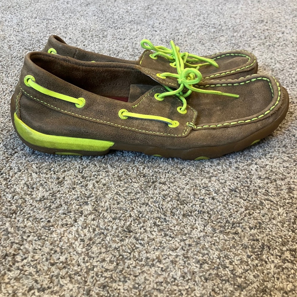 Twisted X Womens Driving Loafers Brown Leather Neon Lime Green 7.5M Moccasin